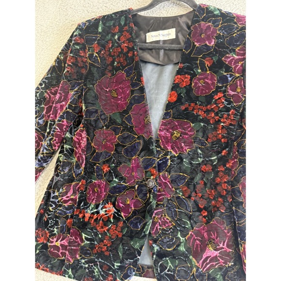 Vintage Norton McNaughton Jacket Womens Medium Black Floral Velvet Blazer 90s - Picture 3 of 16